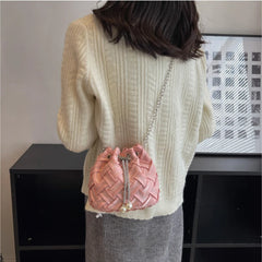 Casual Weaving Shoulder Bags for Women PU Leather Bucket Shape Chains Crossbody