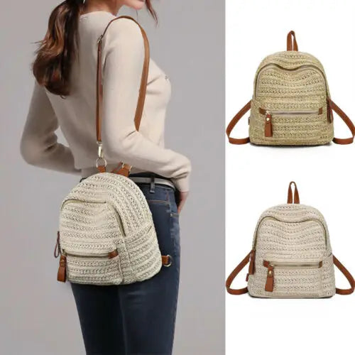 Anti-Theft Straw Mini Backpack Summer Shoulder Bag Girls Weave Hollow Beach Bag