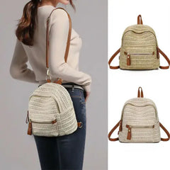 Anti-Theft Straw Mini Backpack Summer Shoulder Bag Girls Weave Hollow Beach Bag