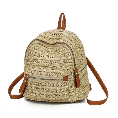 Anti-Theft Straw Mini Backpack Summer Shoulder Bag Girls Weave Hollow Beach Bag