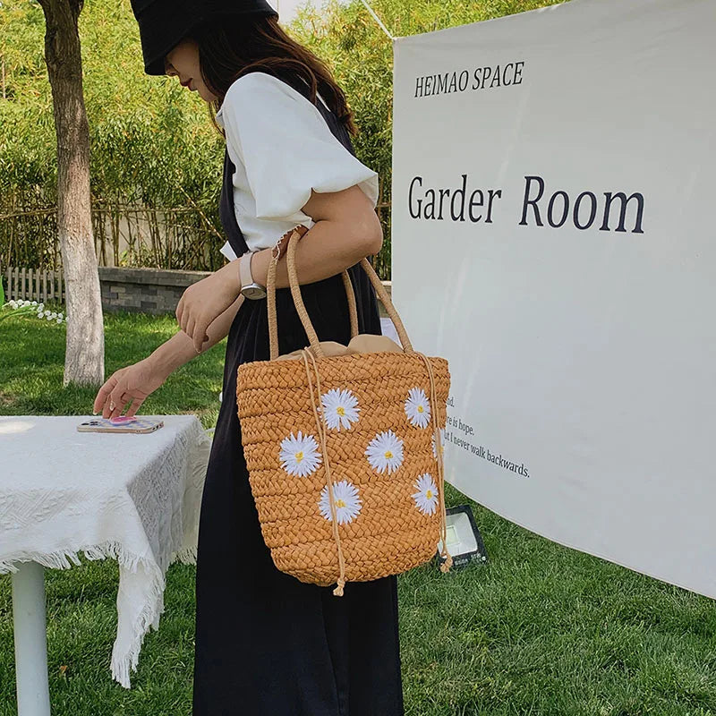 Women Embroidered Lemon Straw Basket Bags Summer Beach Shoulder Bags