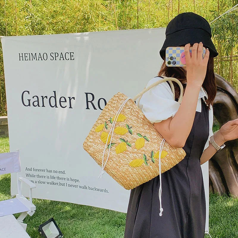 Women Embroidered Lemon Straw Basket Bags Summer Beach Shoulder Bags