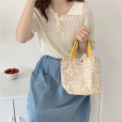 Casual Portable Lunch Bento Bag Retro Flower Ladies Small Handbags Cotton
