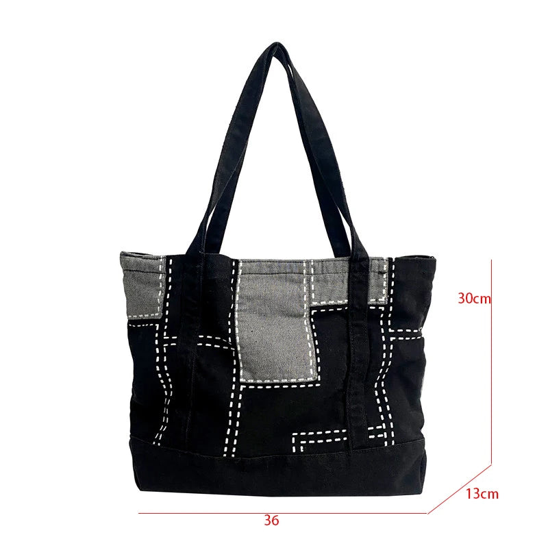 Casual Women's Canvas Shoulder Bag with Embroidery - Large Capacity Tote Handbag