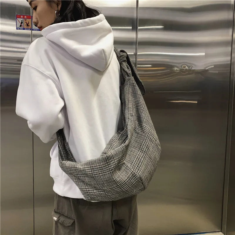 Women's Canvas Shoulder Bag Plaid Handbag Large Capacity Tote Crossbody