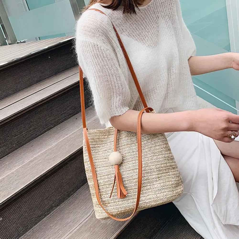 Casual One-shoulder Straw Bag Wild Bucket Bag Female Weave Handbag