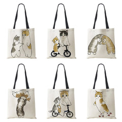 Cat Print Handbag Women Casual Folding Shopping Shoulder Bag