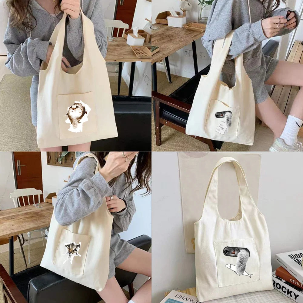 Cat Pattern Canvas Vest Bag Women?s Tote Bags Casual Shopping Bags