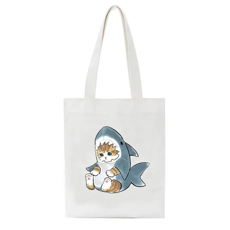 Cat Shark Canvas Women Shopping Bags Animal Girl Shoulder Cloth Bags