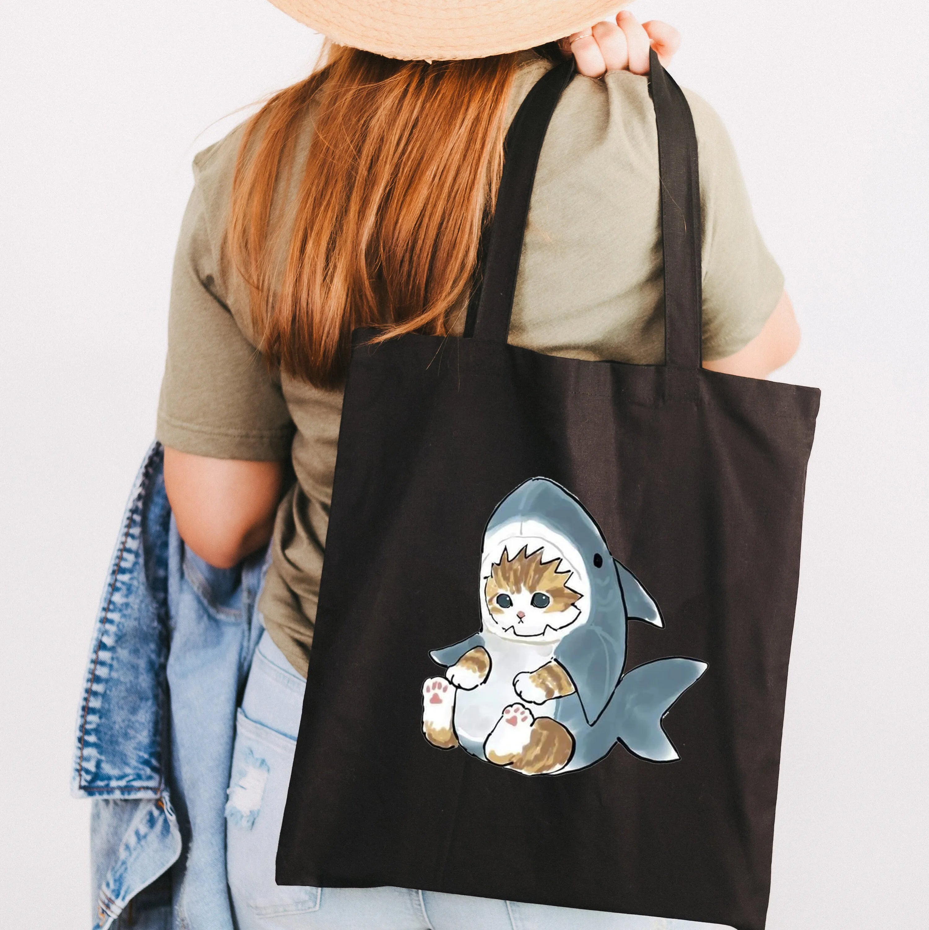 Cat Shark Canvas Women Shopping Bags Animal Girl Shoulder Cloth Bags