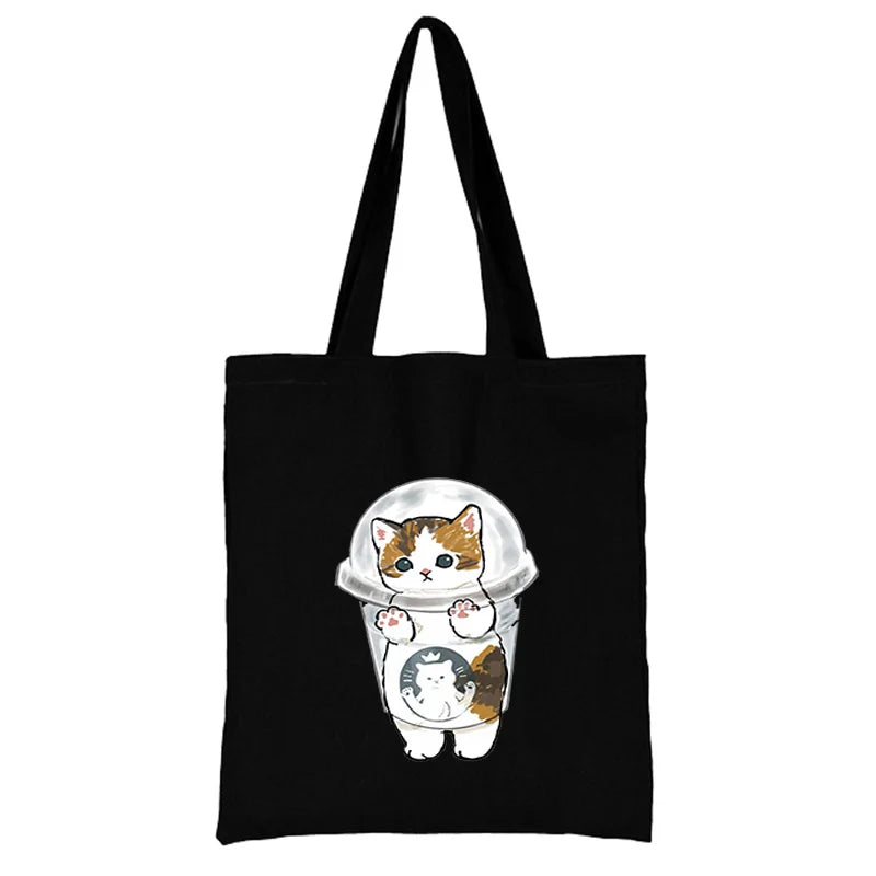 Cat Shopping Bag Woman Shopper Folding Canvas Tote Travel Bags Handbags Beach