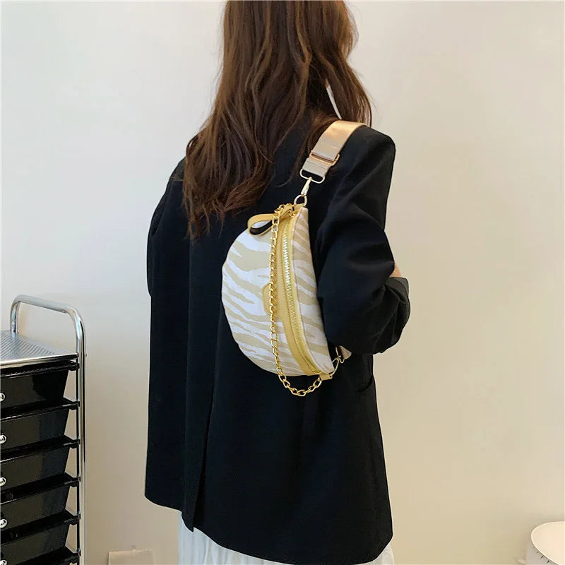 Zebra Pattern Leather Fanny Pack Chain Waist Bag Female Travel Shoulder Bag