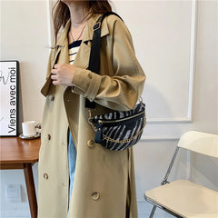 Zebra Pattern Leather Fanny Pack Chain Waist Bag Female Travel Shoulder Bag