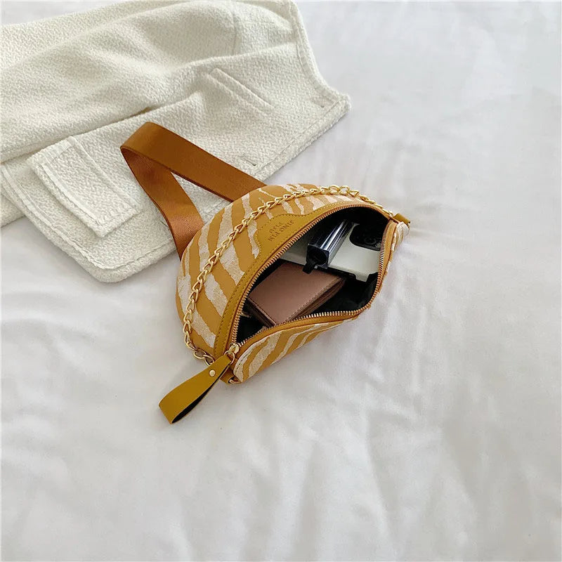 Zebra Pattern Leather Fanny Pack Chain Waist Bag Female Travel Shoulder Bag