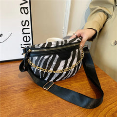 Zebra Pattern Leather Fanny Pack Chain Waist Bag Female Travel Shoulder Bag