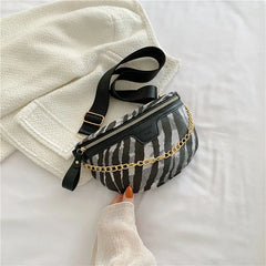 Zebra Pattern Leather Fanny Pack Chain Waist Bag Female Travel Shoulder Bag