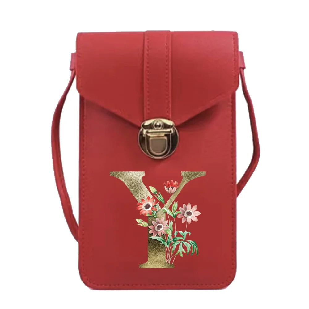 Universal Cell Phone Bag Shoulder Handbag Golden Flower 26 Letters Print