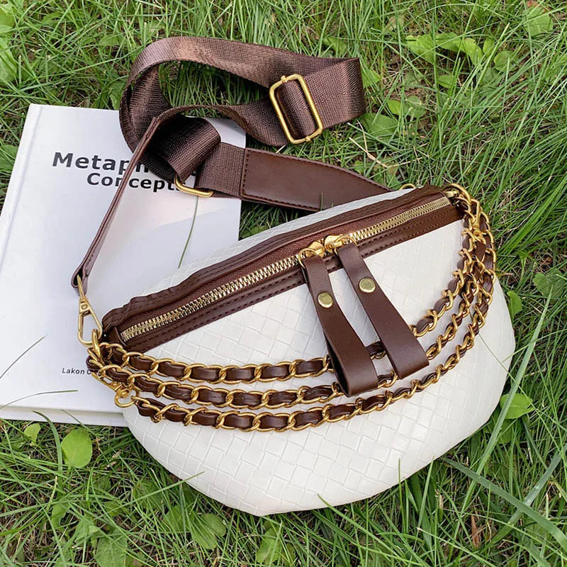Chain Waist Bags Weave PU Leather Fanny Pack For Women Shoulder Chest Bag