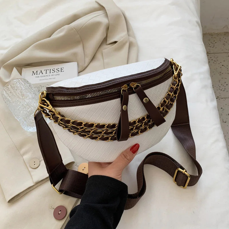 Chain Waist Bags Weave PU Leather Fanny Pack For Women Shoulder Chest Bag