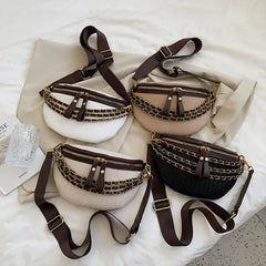 Chain Waist Bags Weave PU Leather Fanny Pack For Women Shoulder Chest Bag