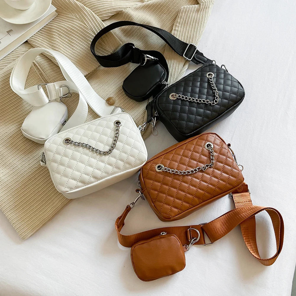 Embroidered Rhombic Lattice Women Crossbody Bag with Small Purse