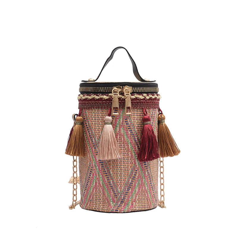 Ethnic Style Handbag Straw Cylinder shoulder Bag Fairy Tassel Bucket Bag