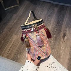 Ethnic Style Handbag Straw Cylinder shoulder Bag Fairy Tassel Bucket Bag