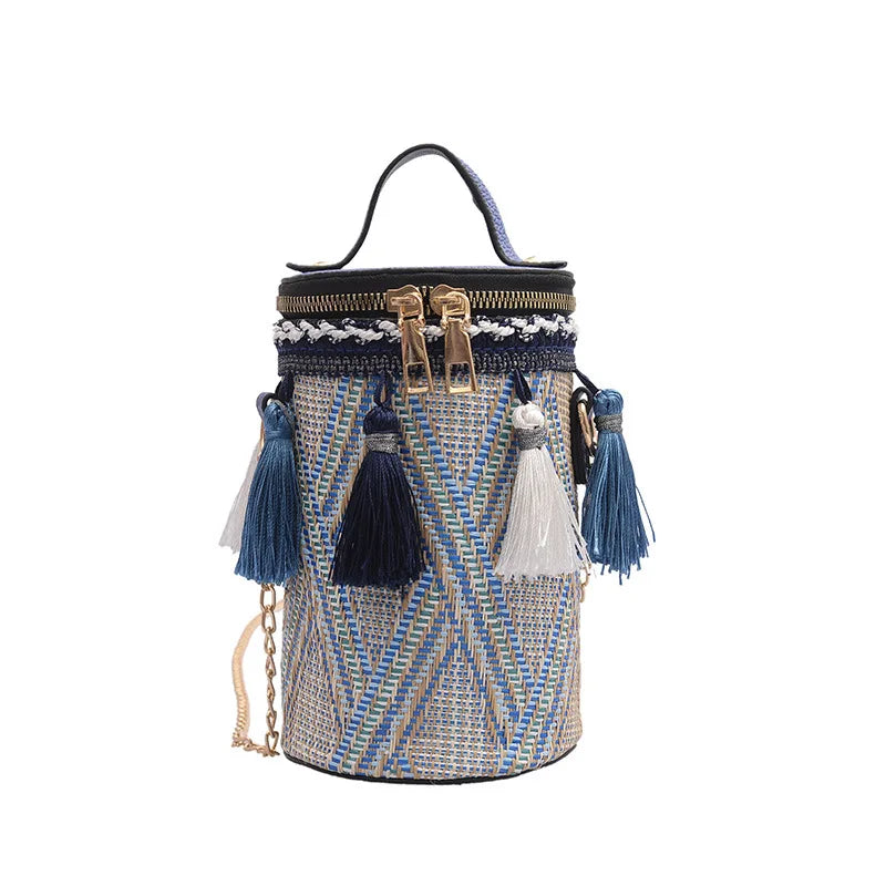 Ethnic Style Handbag Straw Cylinder shoulder Bag Fairy Tassel Bucket Bag