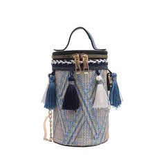 Ethnic Style Handbag Straw Cylinder shoulder Bag Fairy Tassel Bucket Bag