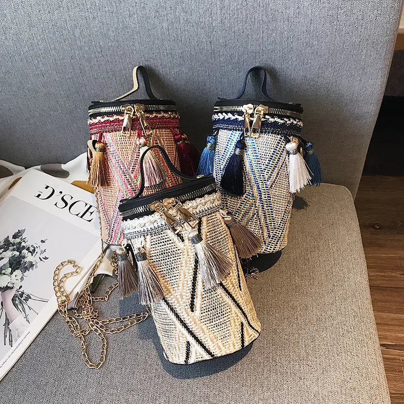 Ethnic Style Handbag Straw Cylinder shoulder Bag Fairy Tassel Bucket Bag