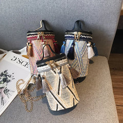 Ethnic Style Handbag Straw Cylinder shoulder Bag Fairy Tassel Bucket Bag