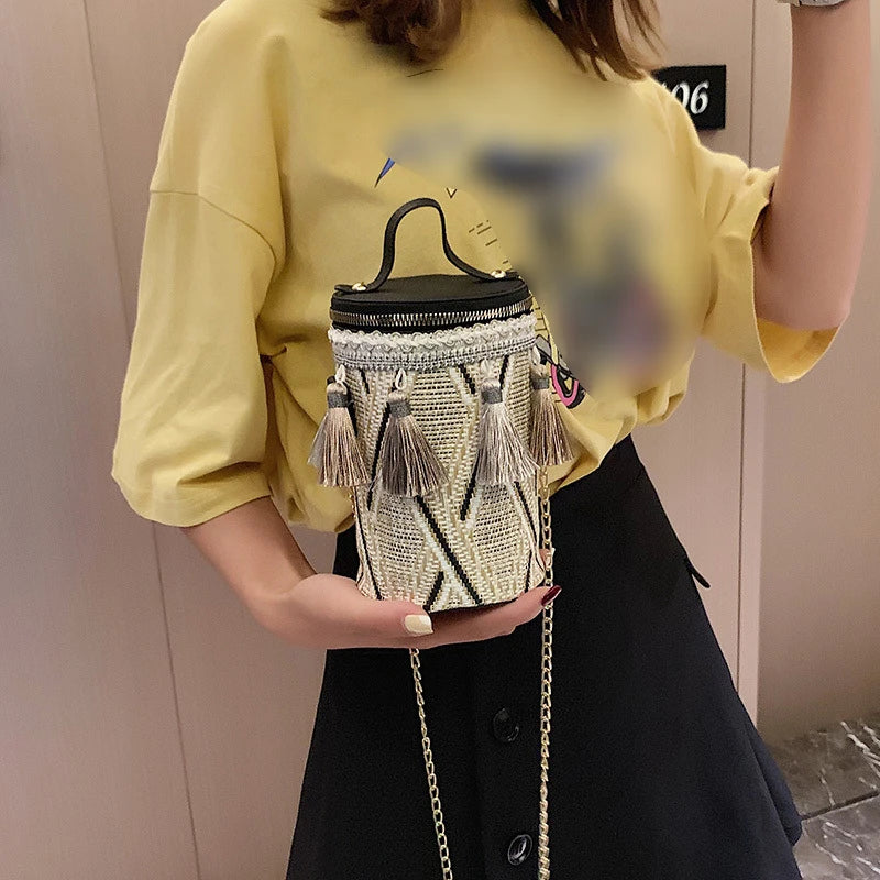 Ethnic Style Handbag Straw Cylinder shoulder Bag Fairy Tassel Bucket Bag