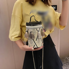 Ethnic Style Handbag Straw Cylinder shoulder Bag Fairy Tassel Bucket Bag