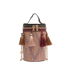 Ethnic Style Handbag Straw Cylinder shoulder Bag Fairy Tassel Bucket Bag