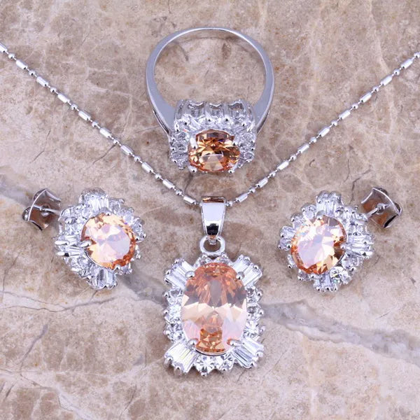 Champagne Morganite CZ Silver Plated Jewelry Set S0080