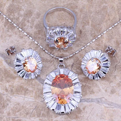 Champagne Morganite CZ Silver Plated Jewelry Set - Size 6 7 8 9 10