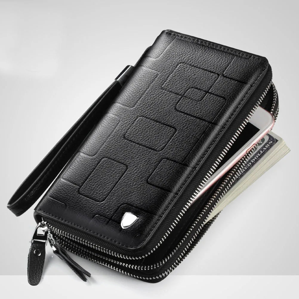 Men's Leather Wallet Double Zipper Multi-card Business Mobile Phone Clutch