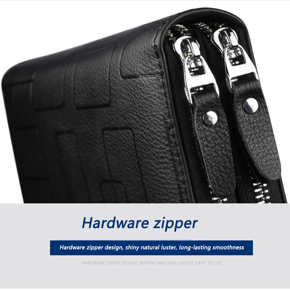 Men's Leather Wallet Double Zipper Multi-card Business Mobile Phone Clutch