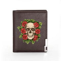 Charm Rose Flower Skull Print Leather Wallet Men Women Billfold Slim