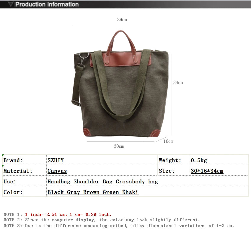 Large Capacity Canvas Bag Women Portable Shoulder Bag Solid Travel Handbag