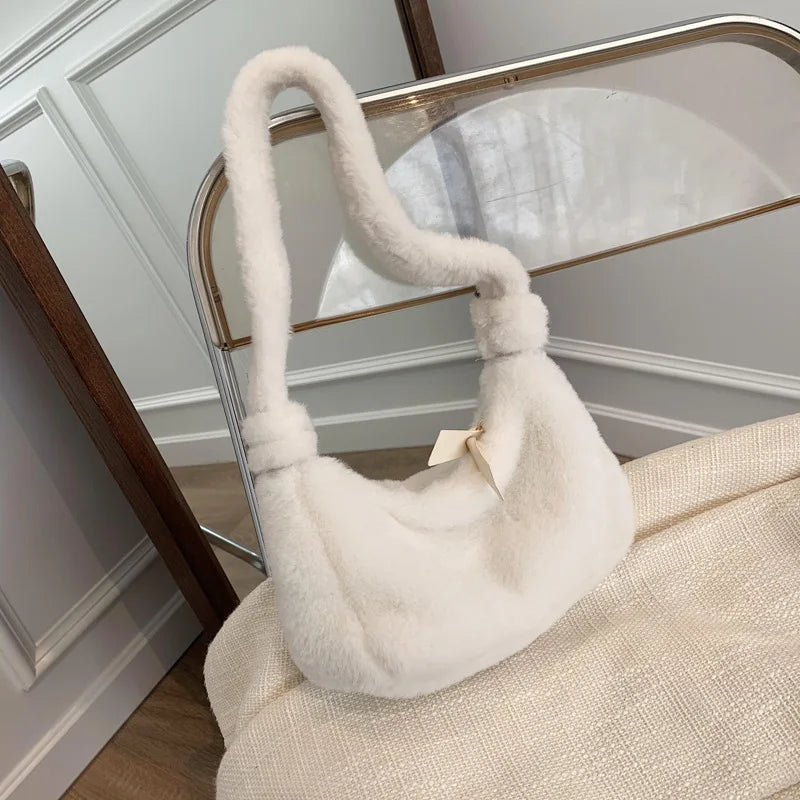 Vintage Mini Shoulder Bag for Women Soft Plush Lady Handbag Winter Tote