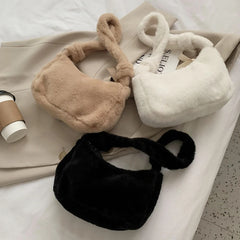 Vintage Mini Shoulder Bag for Women Soft Plush Lady Handbag Winter Tote