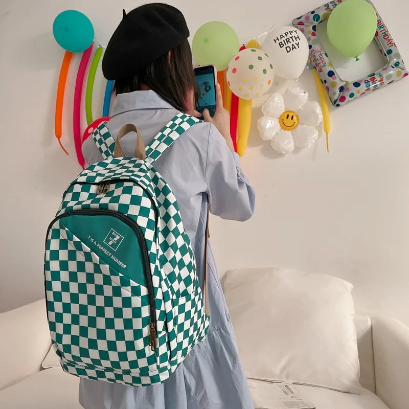 Checkerboard Backpack For Women School Bags Men Travel Rucksack Boy Girl
