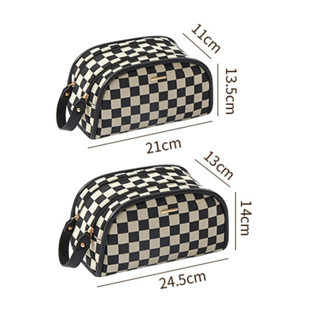 Checkerboard Plaid Cosmetic Bag Double Zipper Toiletry Bag