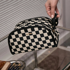 Checkerboard Plaid Cosmetic Bag Double Zipper Toiletry Bag
