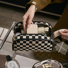 Checkerboard Plaid Cosmetic Bag Double Zipper Toiletry Bag
