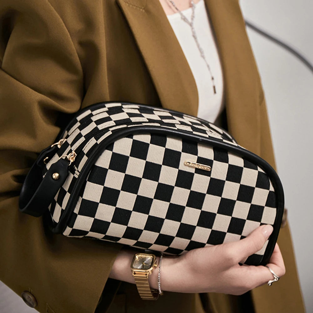 Plaid Cosmetic Bag Double Zipper Handbag Large-capacity Beauty Makeup Pouch