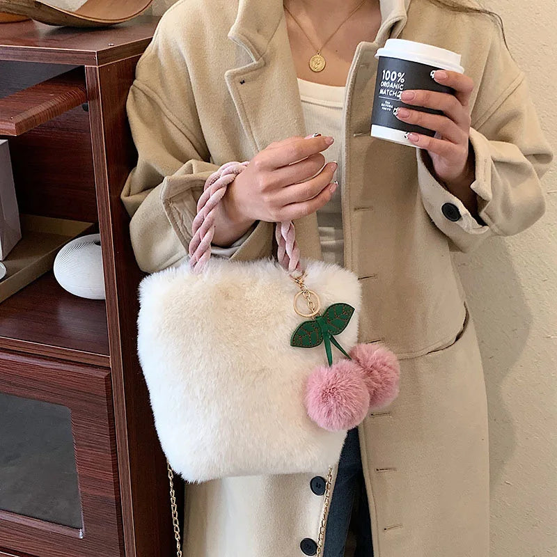 Cherry Girl Plush Ladies Handbag Winter Plush Chain Bag