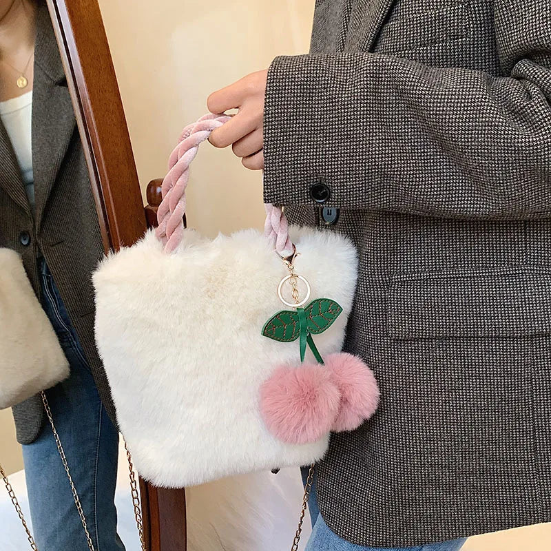 Cherry Girl Plush Handbag Chain Crossbody Bag Winter Women Purses