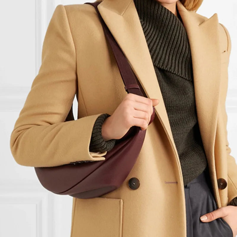 Half Moon PU Leather Chest Bag for Women Wine Red Soft